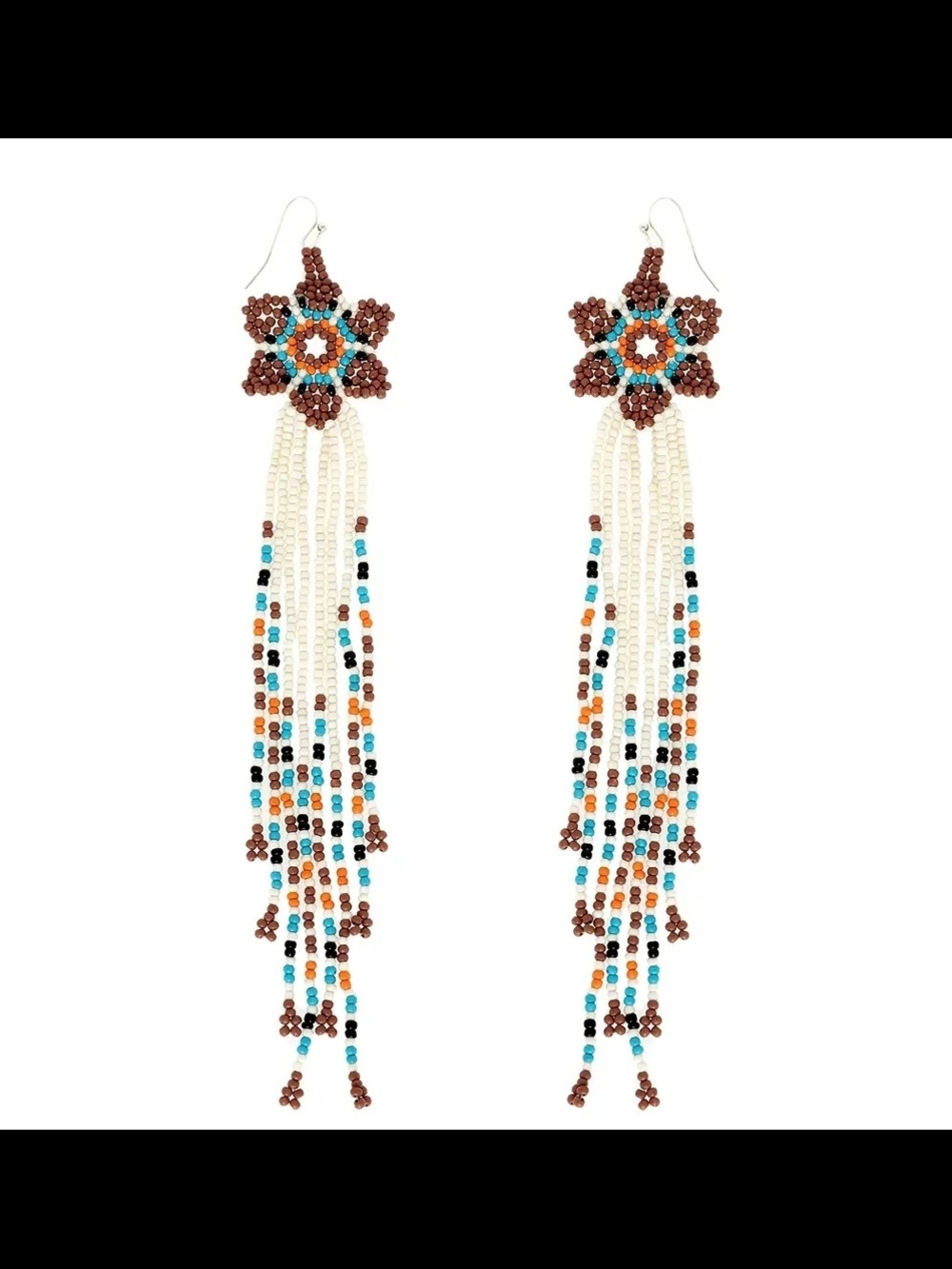 Beaded Cascade Star Fringe Earrings - Turquoise, Brown & Ivory